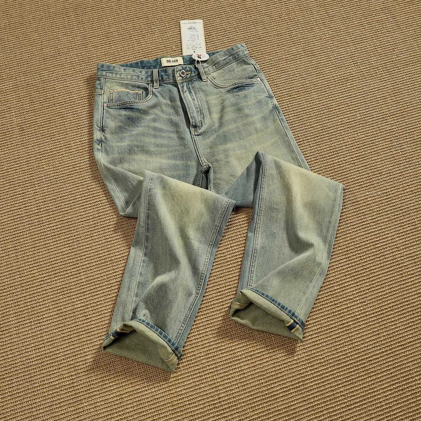 Men's Jeans Retro distressed high-end selvedge denim trousers heavyweight stretch fabric straight tapered work style men's trousers X26091