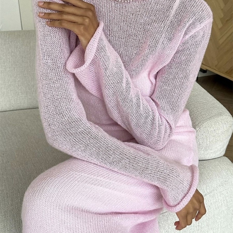 Sweet Pink Mohair Knitted DressVests Dress Women O-neck Casual Long Sleeve Dresses Suspenders Chic Vintage Two-piece Suit 260918
