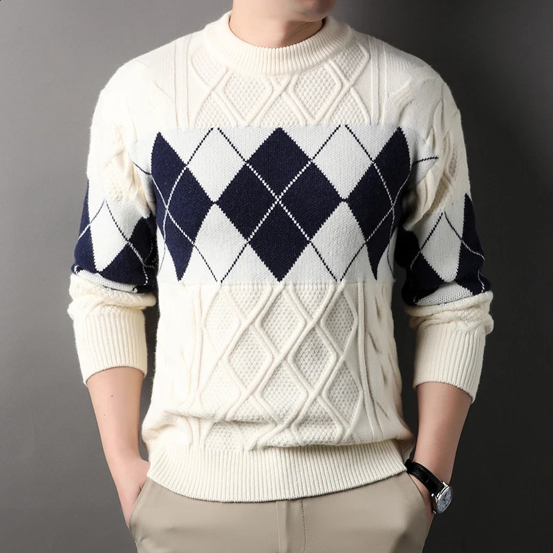 High Quality Thick Mens Sweater Fashion Argyle Mock Neck Knitted Pullovers Autumn Winter Patchwork Warm Casual Knit Sweater Men 260920