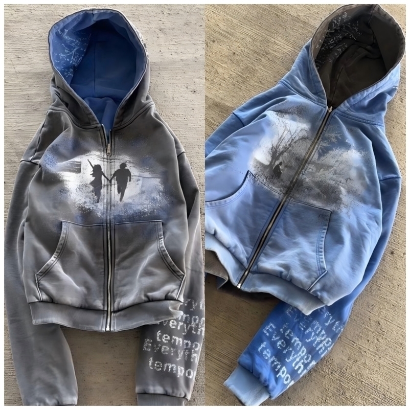 Oversized trendy streetwear loose-fit versatile zip-up hoodie autumn/winter American retro hip-hop rock style reversible hoodie 260918