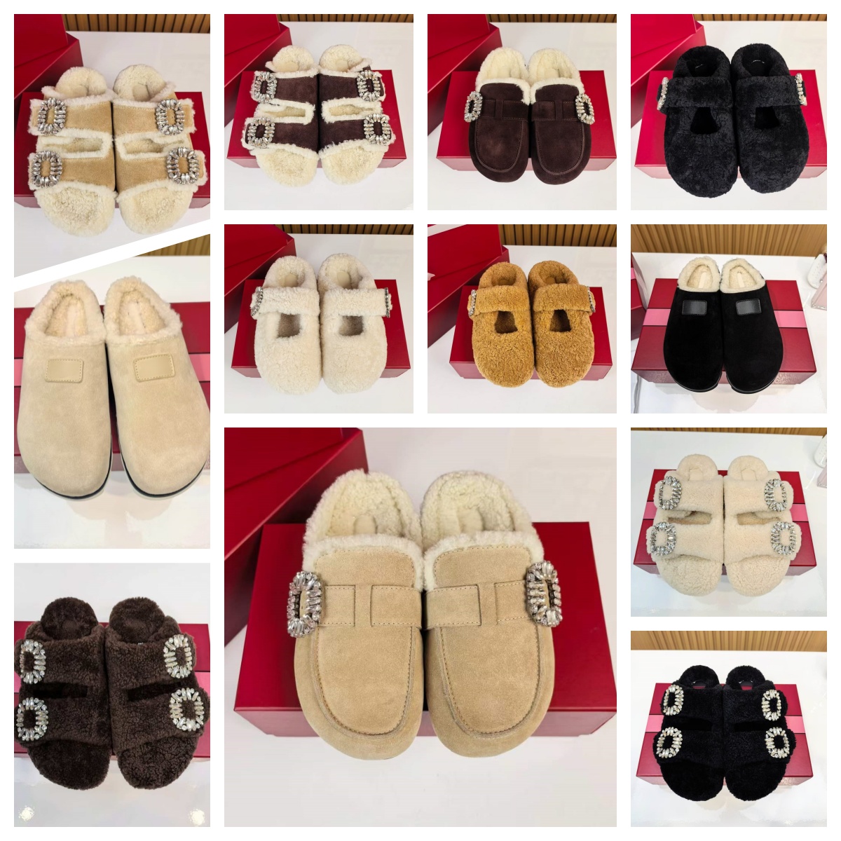 Womens Fall Winter Lambswool Mules Rhinestone Embellished Buckle Plush Lined Flat Shoes Slip On Sandals Warm Comfortable Casual Outdoor and Fashiona