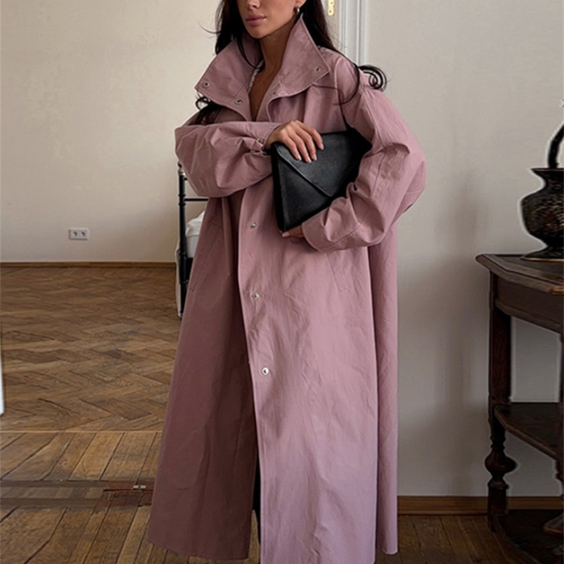 Street Solid Stand Collar Womens Long Trench Coat Loose Full Sleeved Single Breasted Pocket Windbreaker 2026 Autumn Lady Coats 260920