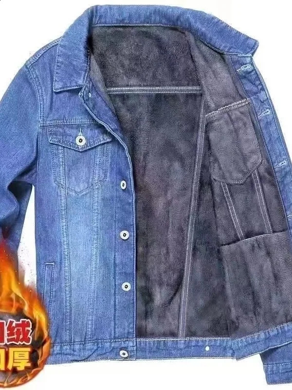 Thickened Fleece Lined Men's Denim Jacket Autumn Winter Warm Multi Pocket Durable Worn Resistant Mid-aged Workwear Jacket 260920