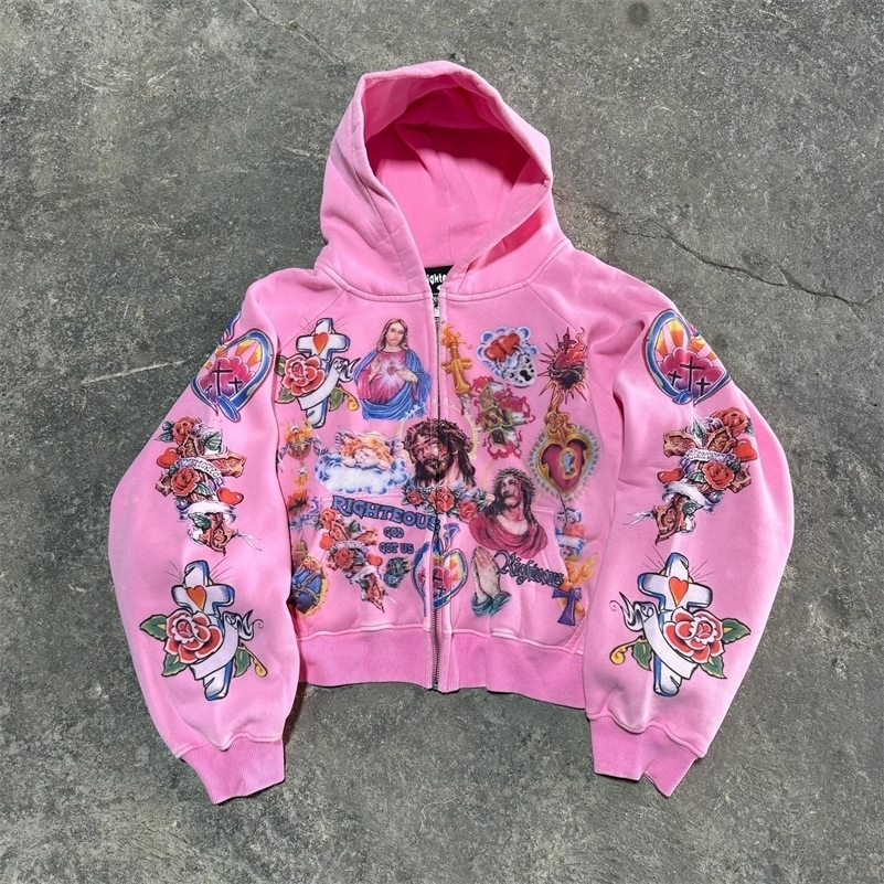 Felpa casual y2k cardigan con cerniera felpa con cappuccio allentata per donna versatile lettere stampate motivo geometrico hiphop 260918