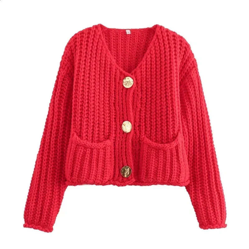 2024 Solid Color Single Row Round Button Sweater Women Comfortable Casual Double Pocket Coat Fashionable Vneck Knitted Tops 260918