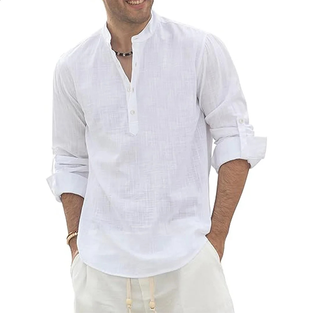 Men's Cotton Linen Long Sleeve Polo Shirt Lightweight Henley Neck Hawaiian Beach Style Solid Color Tops Vacation T-shirt 260920