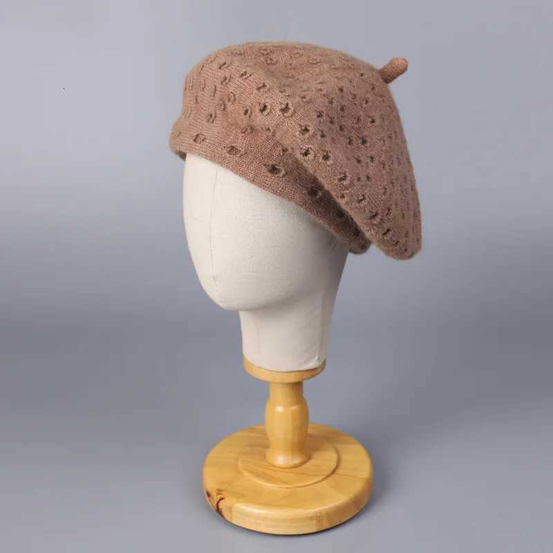 Fur Berets Rabbit Korean Angolan Knitted Beret for Women Warm Winter Solid Color Painter Hat with Fashionable Hole Design N260919