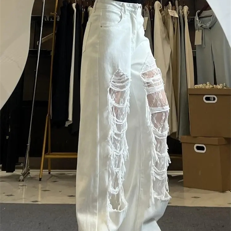 Nicemix American Trendy Lace Patchwork Straight Leg Ripped Jeans for Women Summer White Thin High Waist Loose Casual Pants y260723banjia