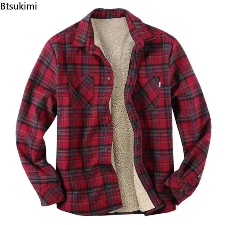 Men's Plaid Plus Fleece Jacket Autumn Winter Turn-down Collar Button Thickened Shirt Jacket For Men Casual Jacket Shirts 260918