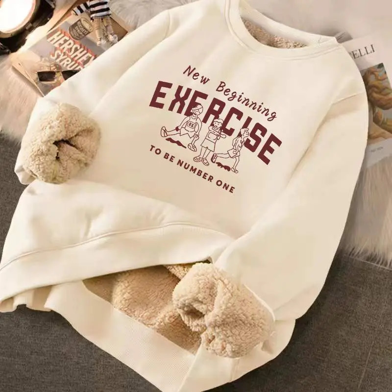 Sweatshirt Women's Winter Loose Letter Print Plush Thick Hooded Sweatshirt Warmth Padded Warm Fleece Lined Pullover Sweater Top 260918