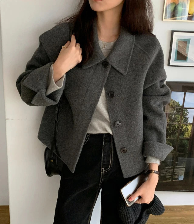 4Color Autumn Spring 2026 Casual Womens Woolen Coat Slim Fit Korean Style Button Short Wool Jacket femaleJF6956 260918