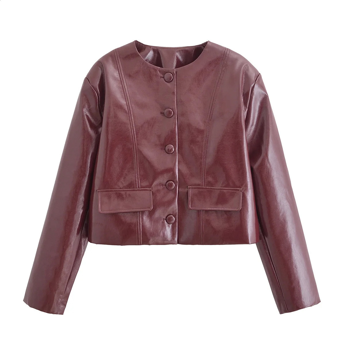 Leather Jacket's Pu Coat Red Elegant Outwear Long Sleeve With Pockets Cropped 2024 inszart Woman Top 260910