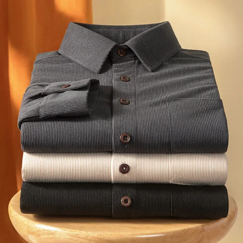 Autumn and Winter Mens Corduroy Long Sleeved Shirt Solid Color Comfortable Casual Versatile Top 260920
