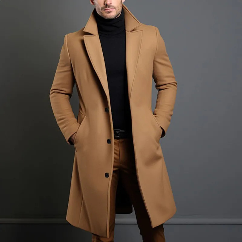 Autumn Winter Long Woolen Trench Coats Men Solid England Style Smart Casual Wool Blends Coat Turn Down Collar Warm Male Clothing 260920