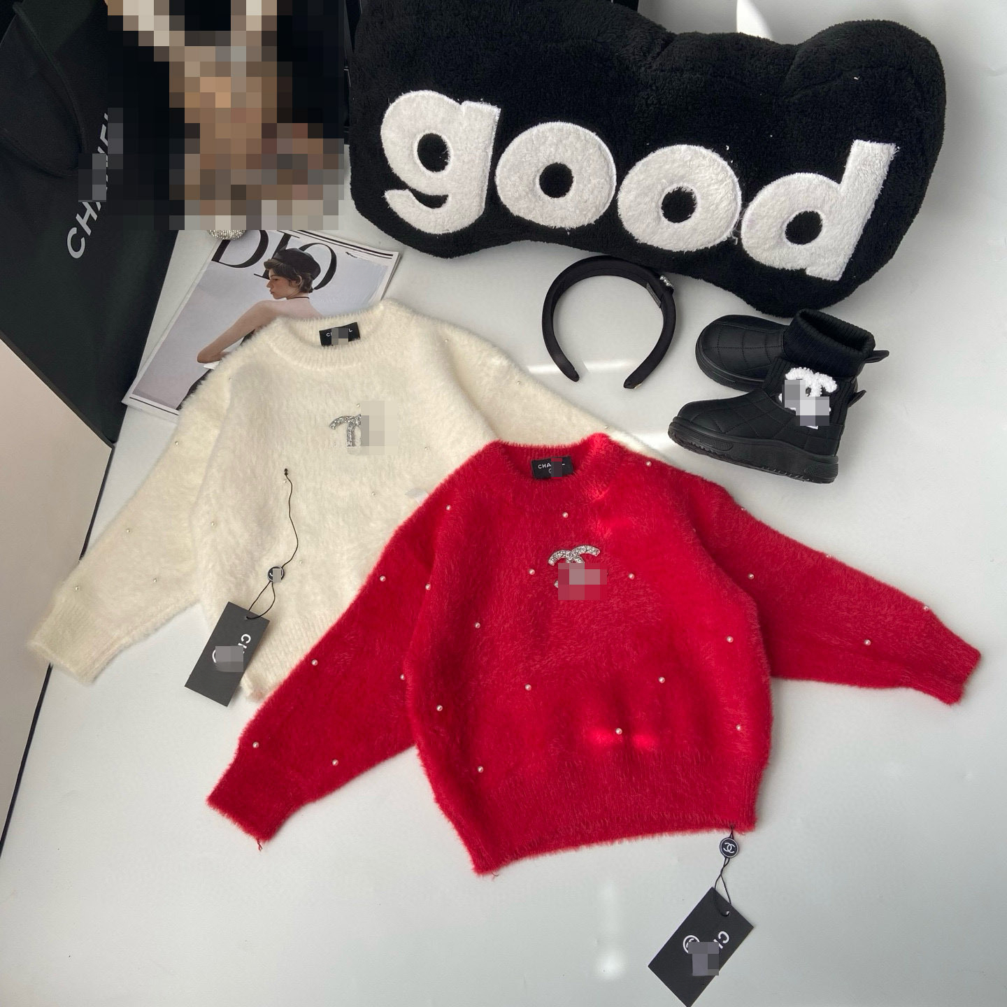 Unisex Kids 2 Piece Outfit, Solid Color Crew Neck Faux Mink Fur Knit Sweater and Faux Leather Pants Set, Casual Warm Matching Clothing for Boys Girl