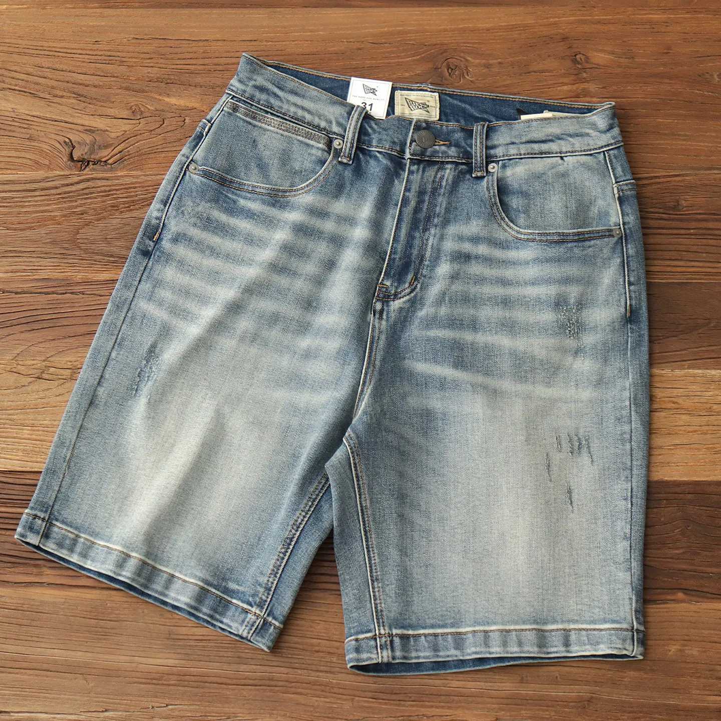 Men's Jeans Summer denim shorts men's American retro washed old micro-elastic casual mid-pants straight-leg five-quarter pants X260919