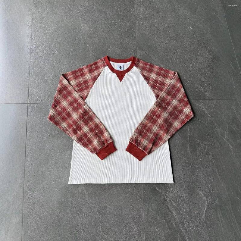 Retro And Trendy Unisex Waffle Long Sleeved T-Shirt With Round Neck Plaid Contrasting Color Design For Autumn Winter Top