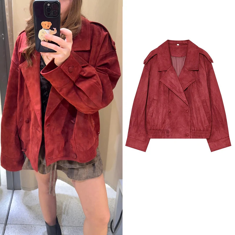 Guobioziy Women Vintage Suede Leather Jacket Lapel Double Breasted Loose Coat with Straps Retro Fall Winter Outerwear 260918