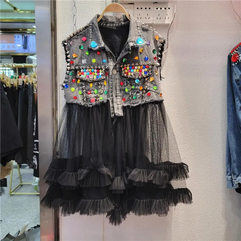 Denim Spliced Mesh Crystal Rhinestones Vest Women Sleeveless Cardigan Y2k Clothing Streetwear Pockets Tops Jacket Vintage 260920