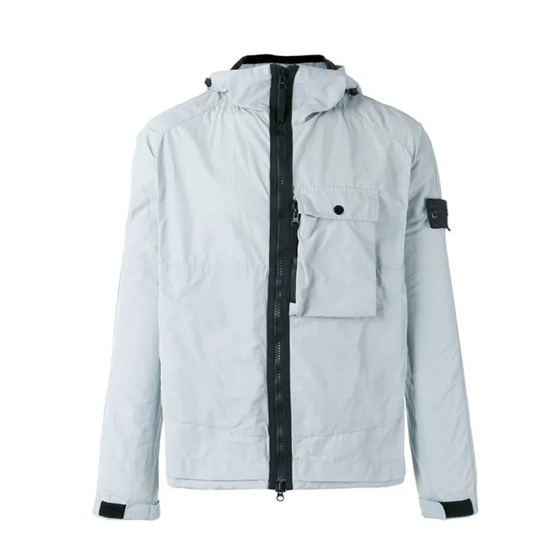 Mens Hooded Windproof Jacket Light Nylon Fabric Multi Pocket Full Zip Casual Outer Coat Black Light Grey For Daily Outdoor