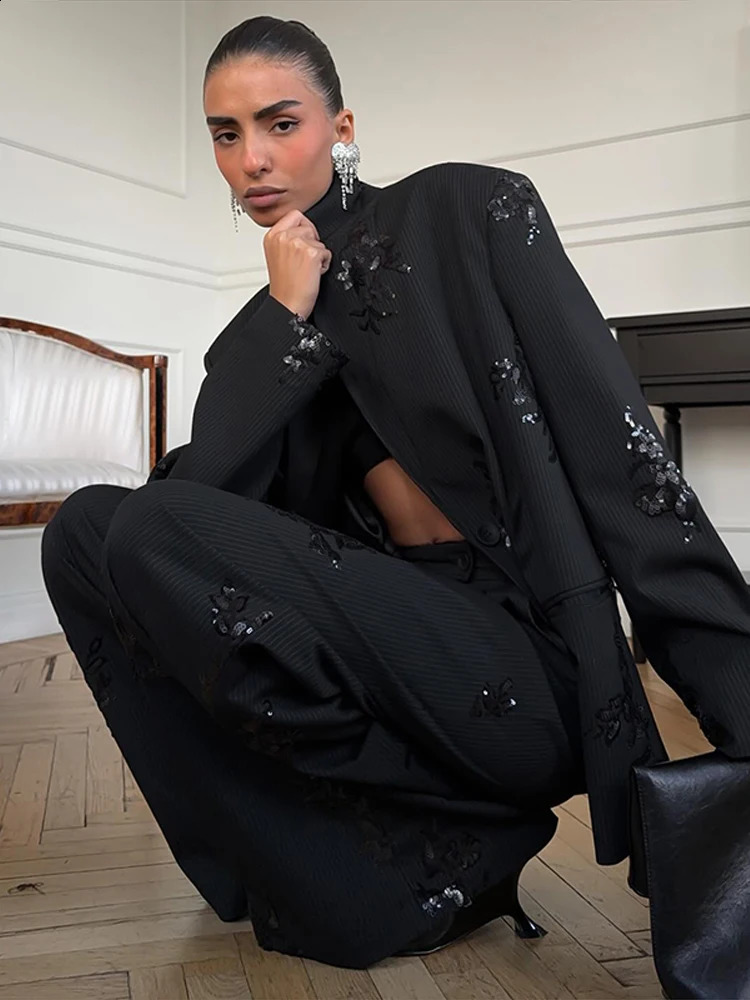 Women's Striped Sequined Pants Set Fashion Lapel Single-breasted Blazer Wide Leg Pants Lady 2026 Spring Elegant Office Outfits 260920
