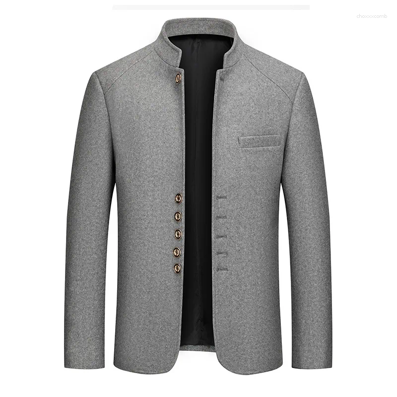 Men Wool Jacket Autumn Slim Stand Collar Single-breasted Man Outerwear Retro Solid Long Sleeve Business Casual Male Coat
