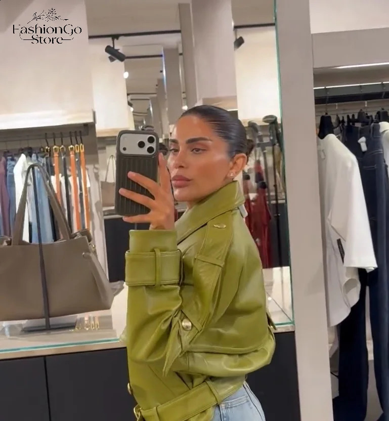 Olive Green Faux Leather Double Breasted Belted Jackets Vintage Lapel Epaulet Long Sleeve Outerwear 2026 Autumn Moto Casual Coat 260920