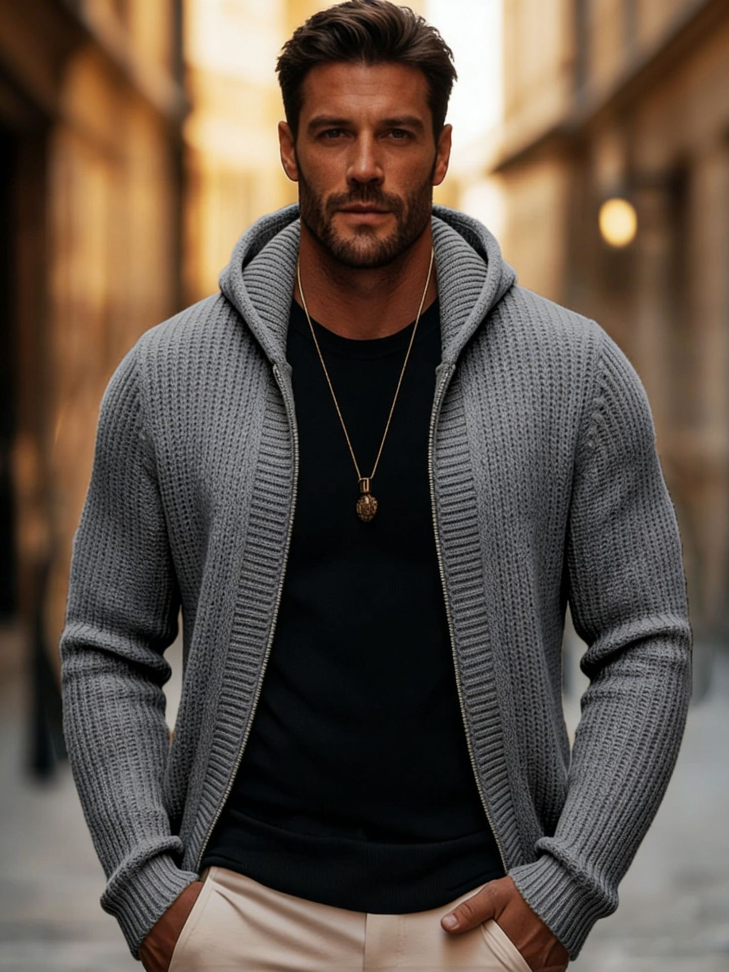 Men's Solid Color Heavyweight Zip Up Hooded Knit Jacket, Spring Autumn Trendy Sweater