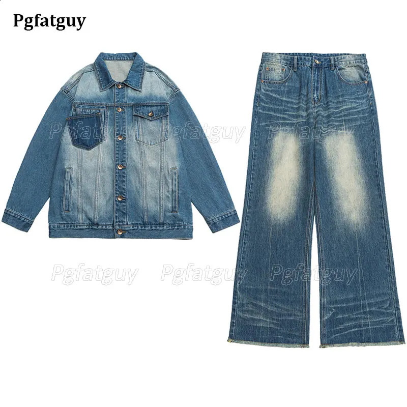 Vintage Men's Jacket Jeans Sets Casual Loose Long Sleeve Denim Jacket Micro Flare Straight Jeans 2pcs Set Zipper Drop Should 260920