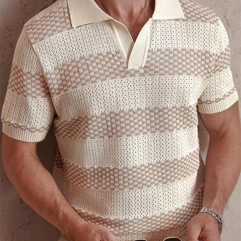 Daily Casual Mens Knitted Polo Shirts 2026 Summer Fashion Striped Contrast Color Knit Pullovers Men Stylish Turn-down Collar Top260918ww