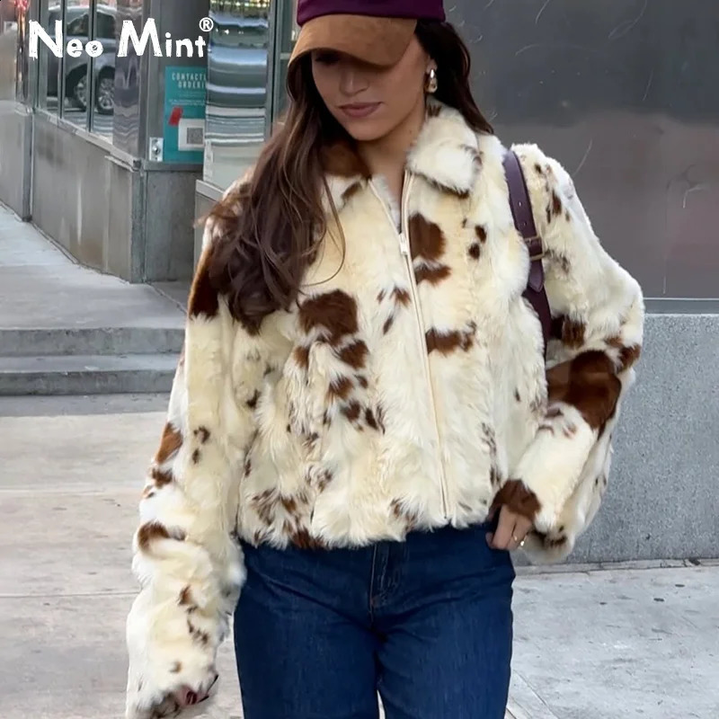 Neo Mint Chic Street Girls Cow Print Fur Coat Women 2025 Winter Fashion Warm Faux Fur Jacket Autumn Iconic Streetwear 260920