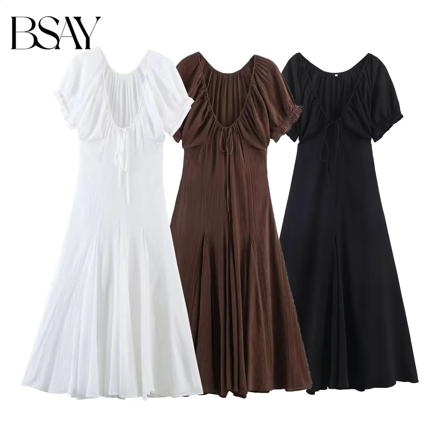 BSAY Womens Dress 2026 Fashion Brown Puff Sleeve Midi French Elegant Long White Chic Summer Beach Vacation Dresses 260920