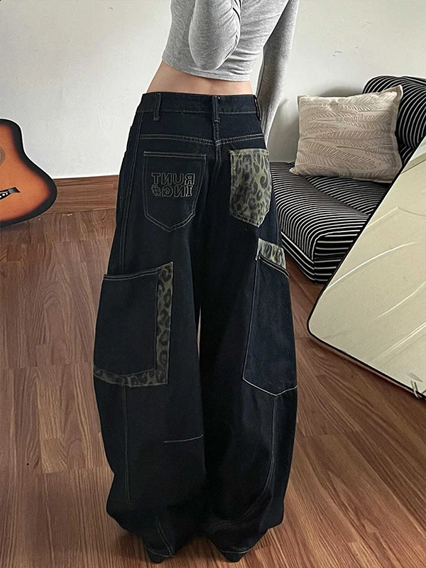 American Retro Leopard Print Patchwork Wide Leg Straight Cut Jeans Womens Fashion Spring Autumn Style Casual Cott... 260920