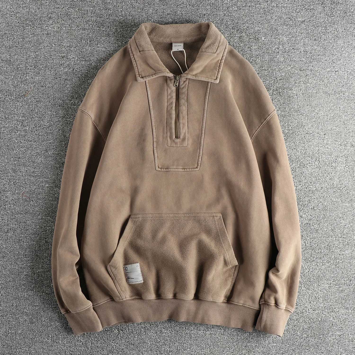 Men's Hoodies Sweatshirts Heavy tripe wool circle American retro trend half open lapel hoodie men's garment washed to make old long sleeve