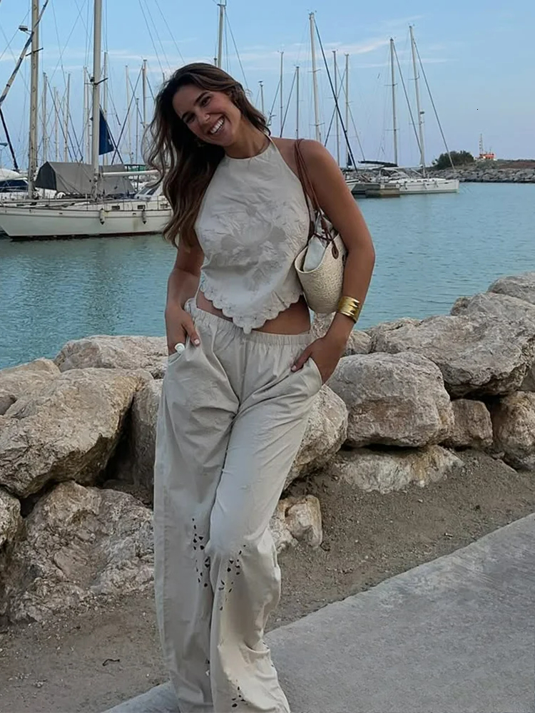 KONDALA Elegant Sexy Chic Women Suit Embroidery Backless Sleeveless Halter Top Long Straight Pants New Fashion 2025 Summer Sets