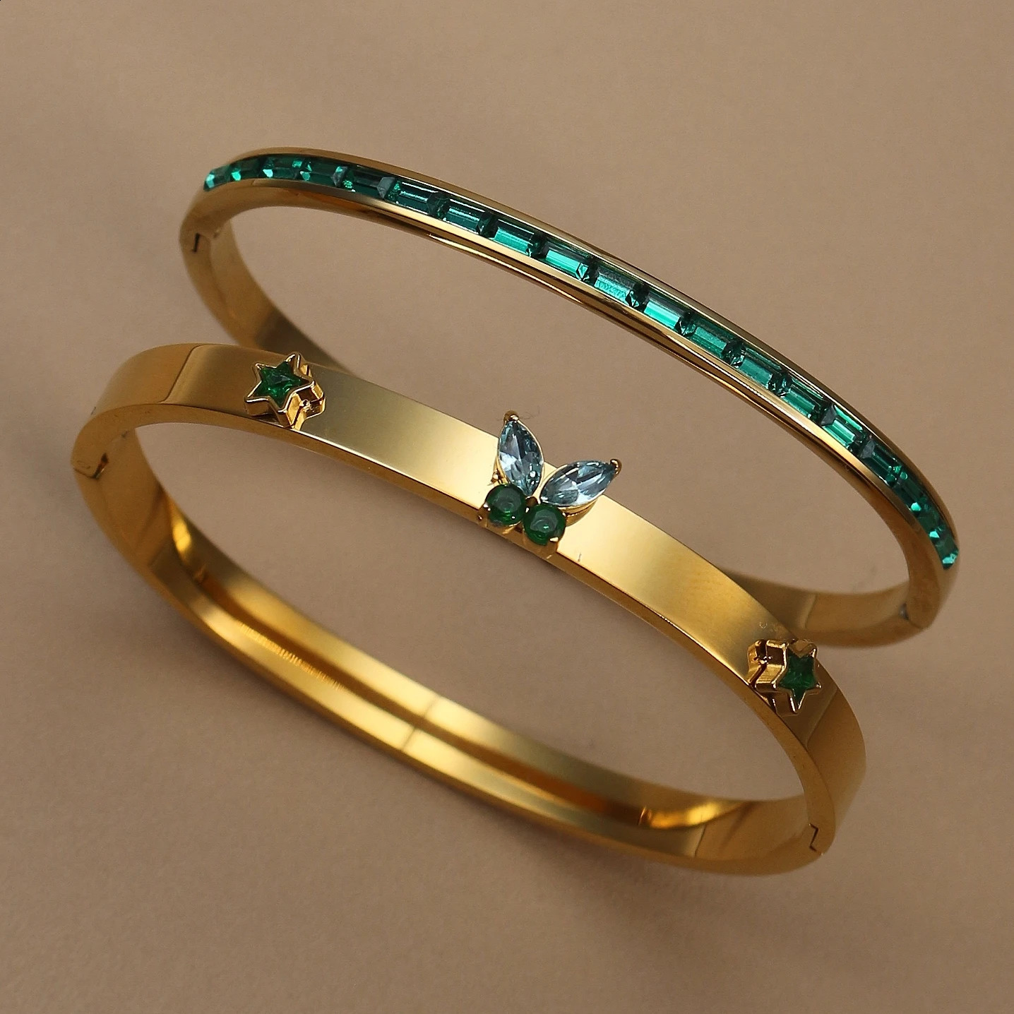 Retro Stainless Steel Green Crystal Gold Color Bracelet Women's Jewelry Bangles Party Wholesale Gift 260920