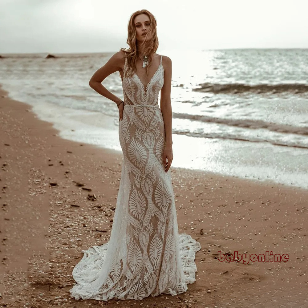 Beach Crochet Lace Wedding Mermaid Spaghetti Straps Backless Bohemian Civil Country Bride Dress Romantic Vestidos De Novia Hippie robes de mariee