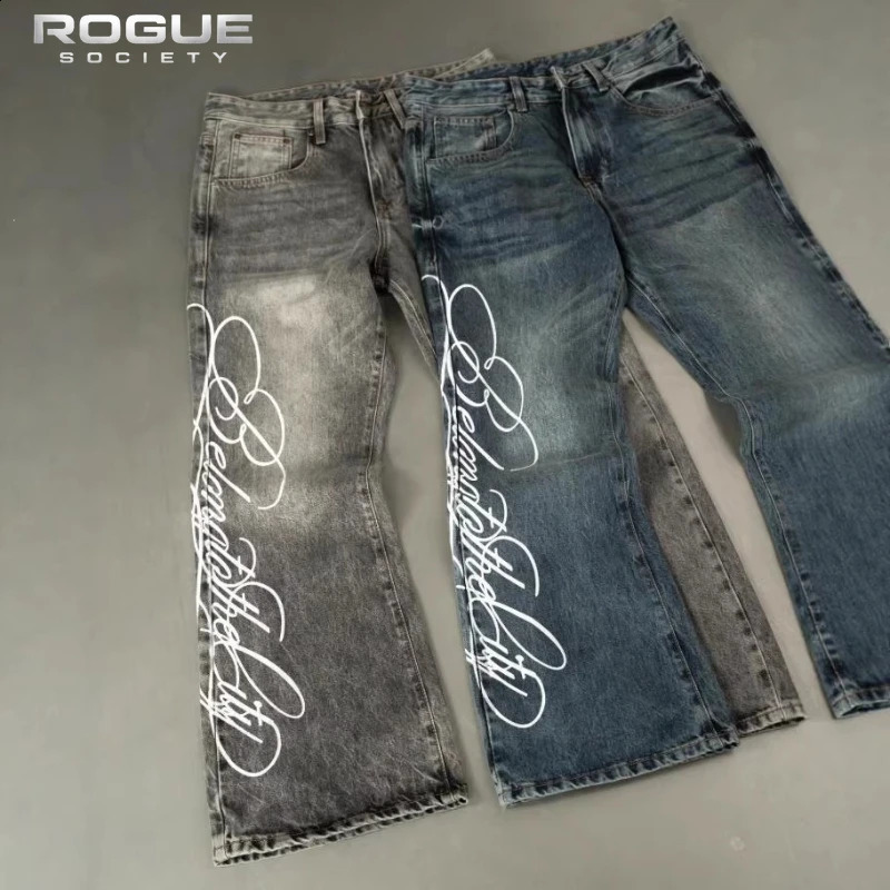 American Retro Y2K Streetwear Men Women Jeans Grunge Washed Faded Script Print High Street Hip Hop Denim Summer Pants Casual 260920