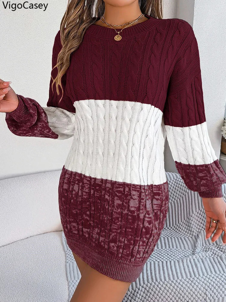 VigoCasey 2026 Casual Solid Patchwork Knit Dress Women Long Sleeve Bodycon Lady Autumn Winter O Neck Knitted Short Dresses 260920