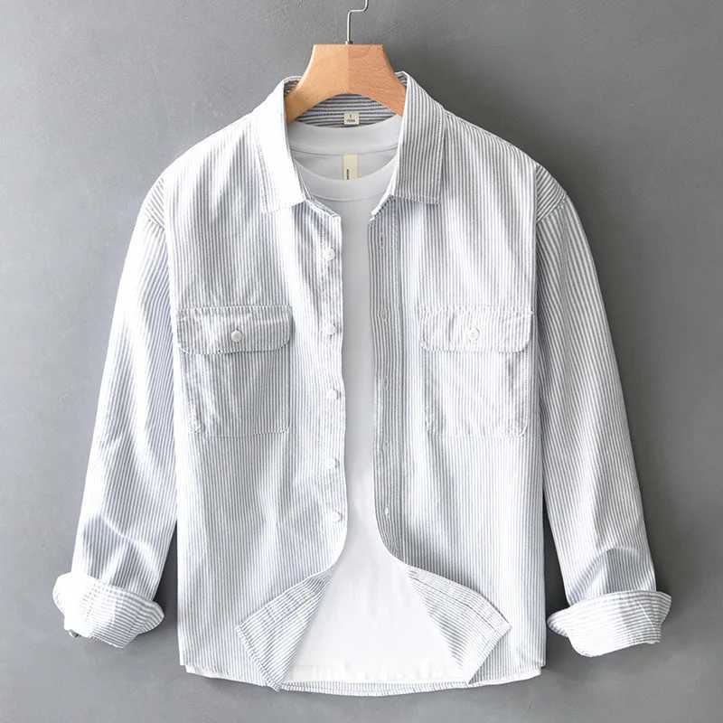 Men's Casual Shirts Striped shirt men's long sleeve spring and autumn heavy cotton Oxford woven Japanese loose casual cargo shirt jacket X