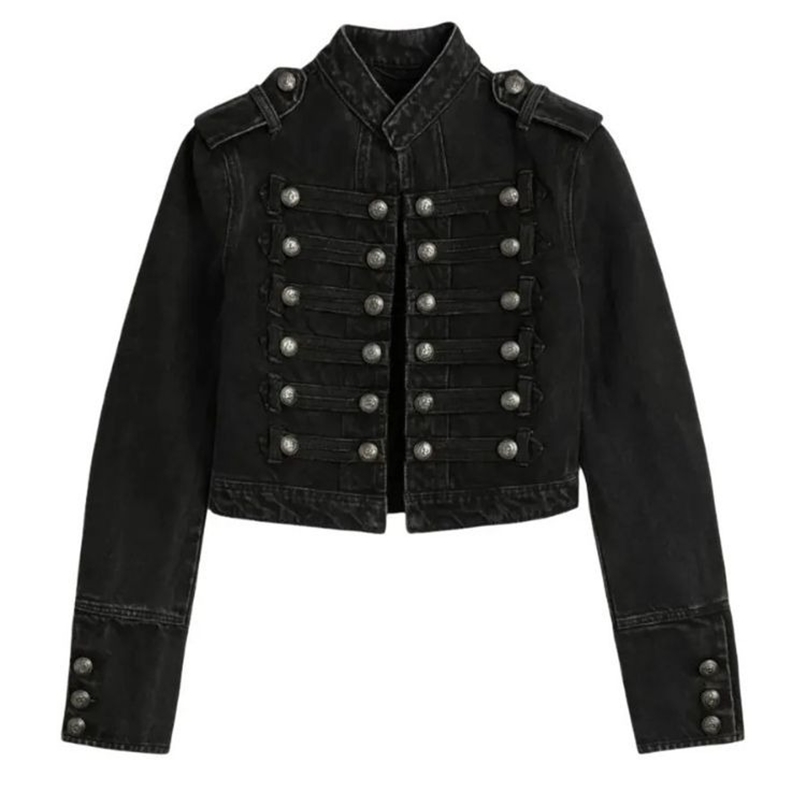 Y2K Retro Hussars Jacket Stand Collar Double Breasted Button Cropped Jacket Napoleon Old Money BLK Denim Jacket Women Boxy Coat 260920