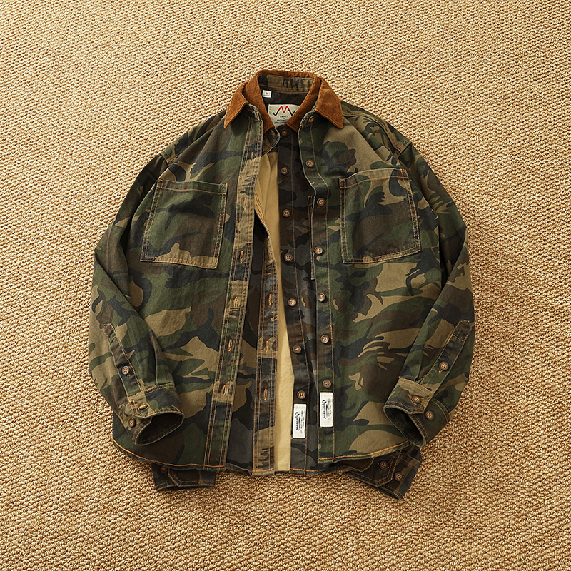 2026 Spring New American Retro Woven Twill Camouflage Cargo Shirt Men's 100% Cotton Washed Old Double Pocket Blouser Thin Jacket 1209