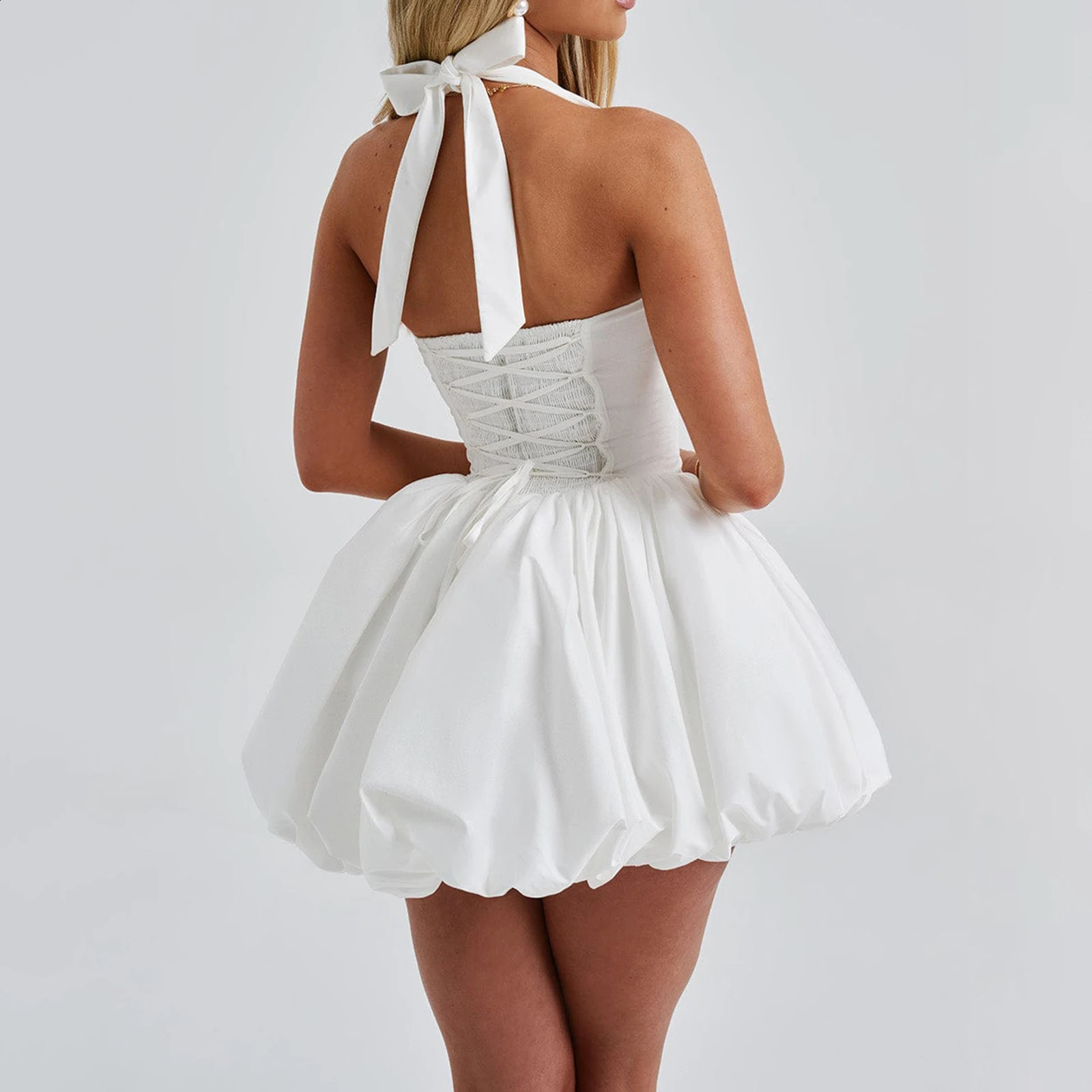 Women Summer Fashion Sexy Mini Tank Dress Sleeveless Halter Neck Solid Tie Up Aline High Waist Party Clubwear Bubble Dress 260920