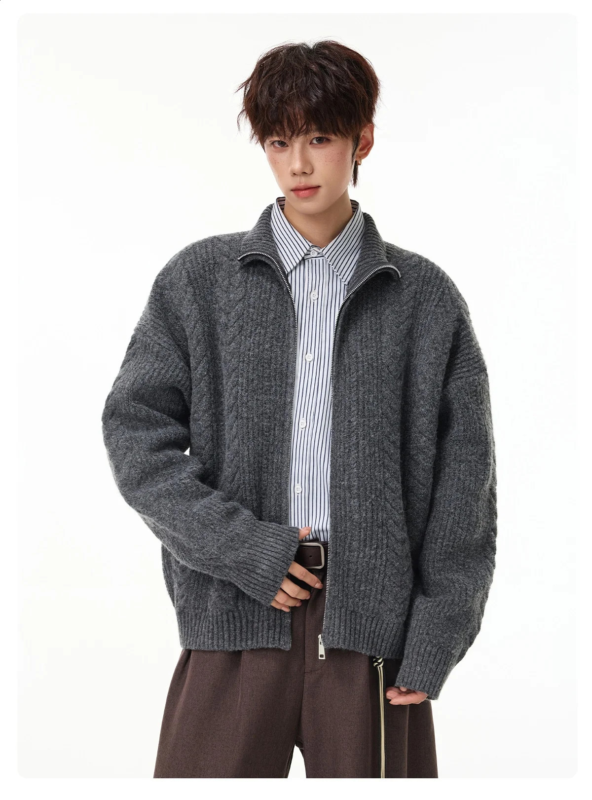 Vintage Knit Pattern Soft LooseFitting Zipper Sweater Men Autumn Winter Simple Versatile Warm Casual StandUp Collar Cardigan 260918