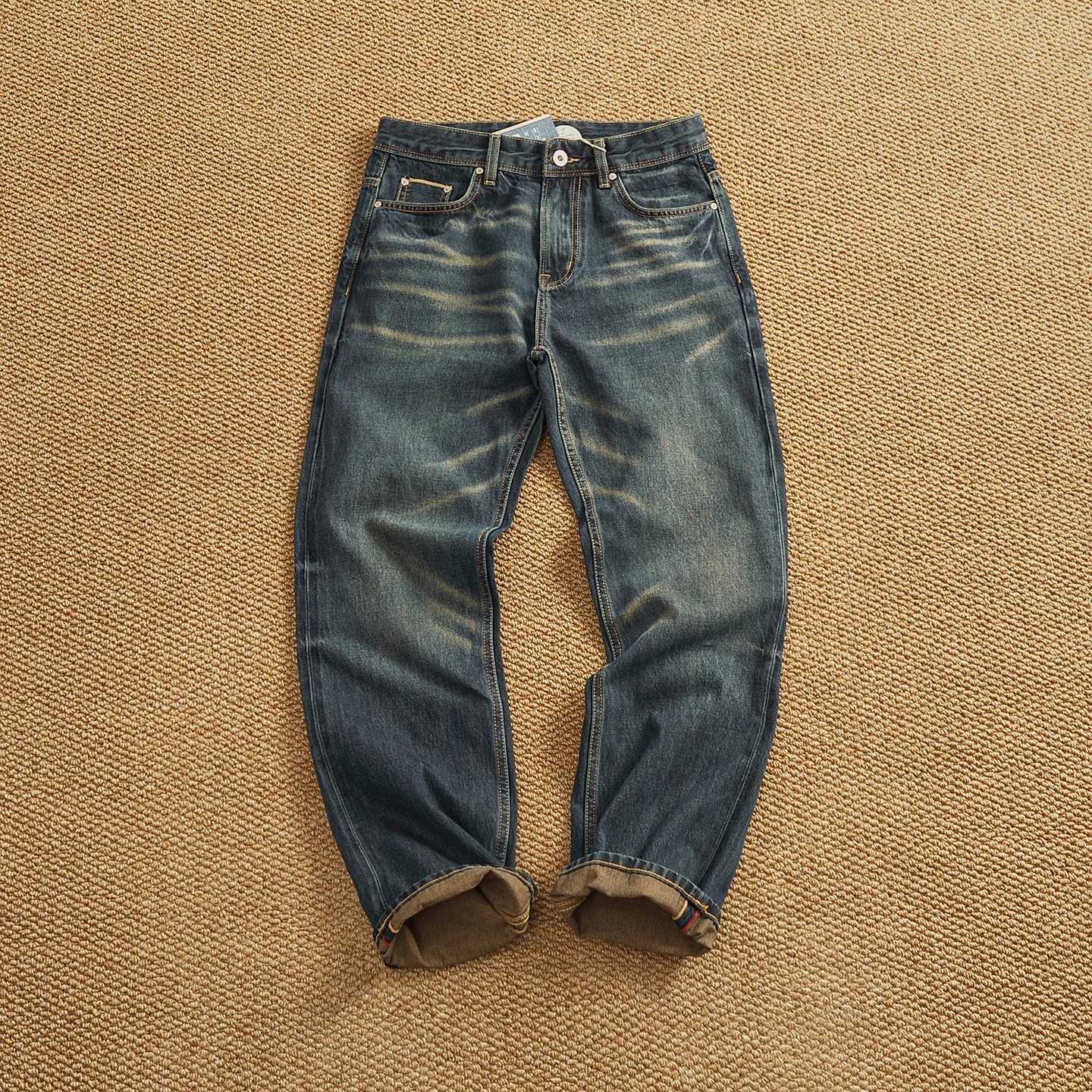 Men's Jeans Red ear denim jeans high-end Japanese retro men's heavy-duty old washing high OZ texture straight tapered pants X260919