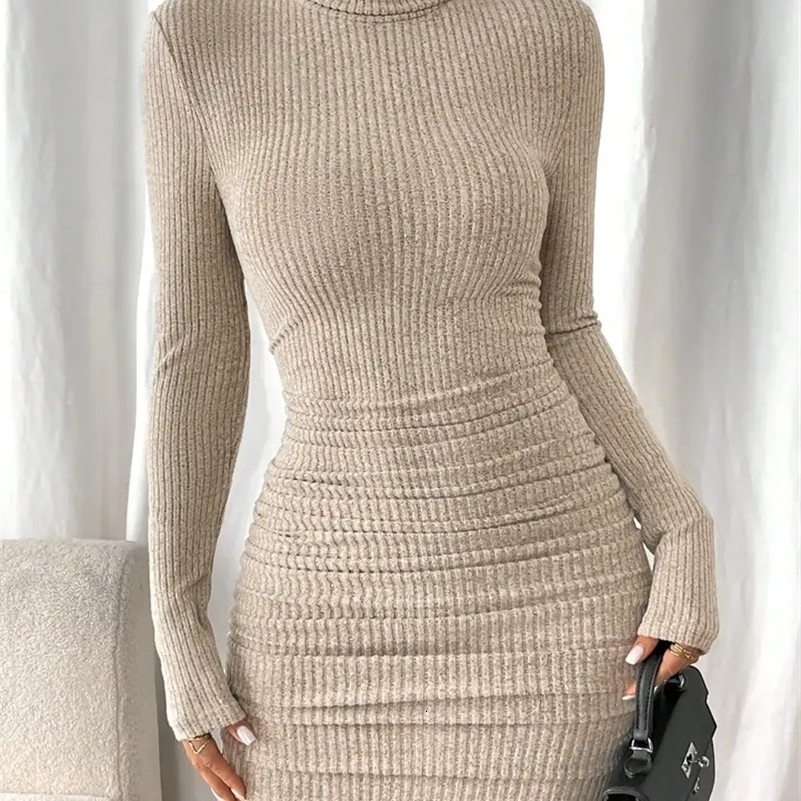Fashionable Casual Ribbed Knit Women's Solid Color High Collar Long Sleeve Simple Short Dress 260917ww