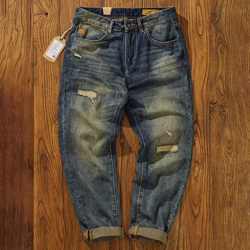 Men's Jeans Loose Straight Leg Jeans for Men with Patched Holes and Distressed Wash X260919