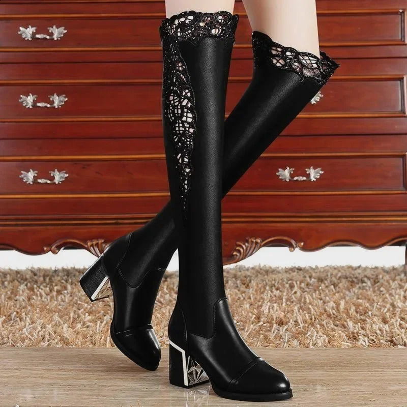 Botas hasta la rodilla con encaje bordado para mujer, tacón alto cuadrado, botines de tubo largo informales, zapatos altos hasta el muslo sexys sobr