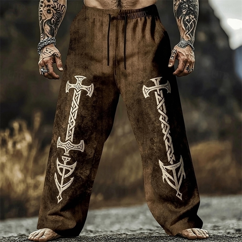 Mens Vintage Knight Sword Print Drawstring Pants Casual Tactical Wide Leg for Summer Outings 260917