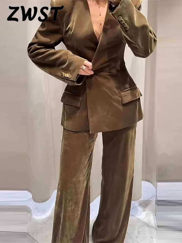 Elegant Velvet V-neck Jacket Suit Women Solid Full Sleeve One Button Blazer Straight High Waist Pants Fashion Green Suit Lady 260920